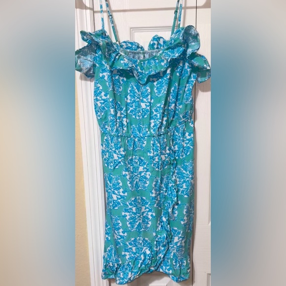 Lilly Pulitzer Spaghetti Strap Small Blue green Nautical Shells Dress Ruffle - Picture 1 of 7